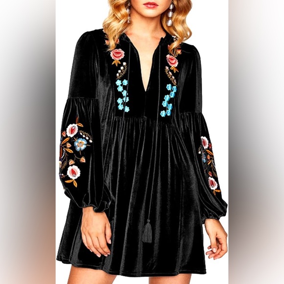 ASA Black Velvet Embroidered Floral Bohemian Style Dress - Picture 1 of 13